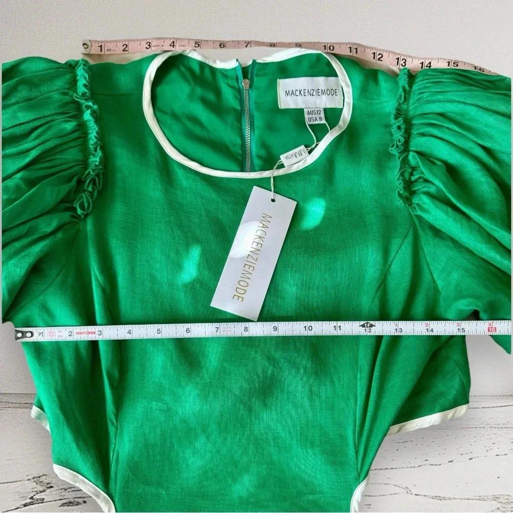 NWT MACKENZIEMODE Puff Sleeve Tiered Maxi Dress in Emerald Size 8 - Picture 10 of 16